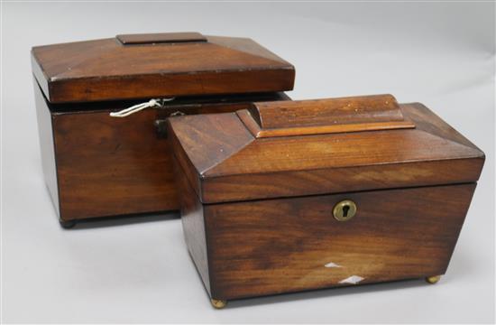 A Regency mahogany sarcophagus-shaped tea caddy and another similar tea caddy